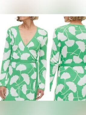 Diane von Furstenberg green and white ginkgo leaf jacquard wrap cardigan sweater